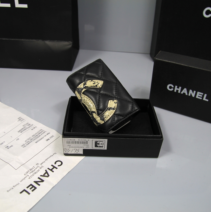 Fake Chanel Leather Snake CC Logo Tri-Fold mini Wallets A26723 Black Online